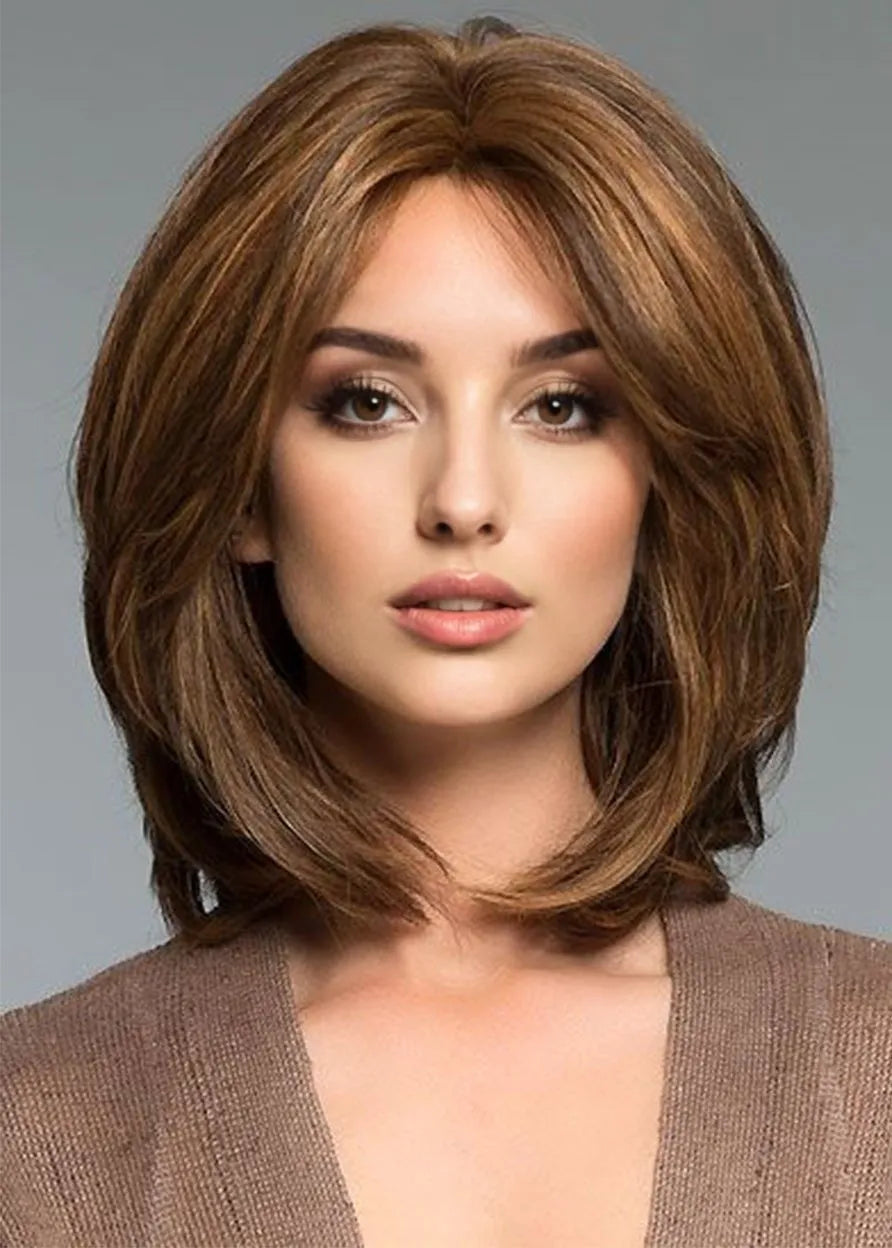 Volles Haar, Mittelscheitel, mittellanger Bob, Frisuren, natürliches glattes Kunsthaar, kappenlose Perücken für Damen, 16 Zoll