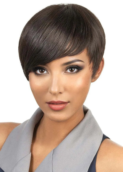 African American Women's Short Pixie Boy Cut Straight Human Hair Bangs Capless Wigs 6Inch