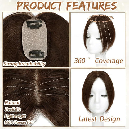 Hair Toppers for Women Real Human Hair, Bangs Hair Clip 360° 3D Cover Human Hair Topper with Bangs