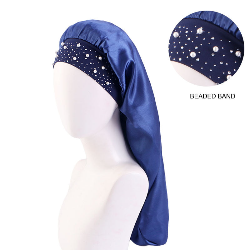 AliExpress hot sale starry Pearl Diamond wide-brimmed satin nightcap long hair care cap long hair shower cap
