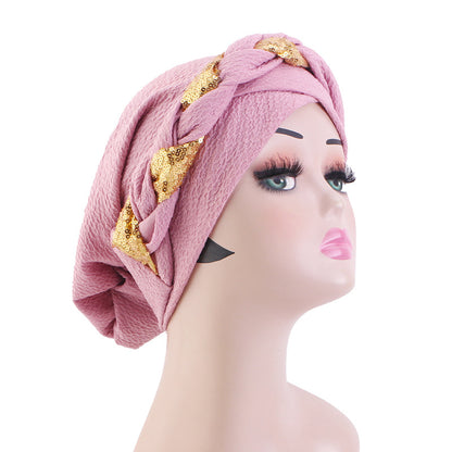 Cross-Border Solid Color Sequin Braided Cross-Turban Hat Small Hat Head Wrap Hair Protection Hat Jdt-429F