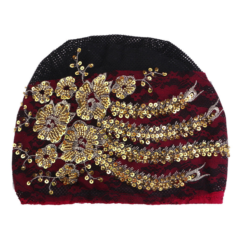 Lace Beaded Sequin Floral Turban Hat, Base Hat, Head Wrap Hat, Mesh Hair Protection Hat Jdt-523