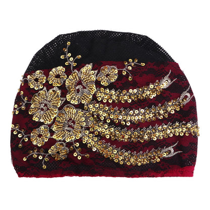 Lace Beaded Sequin Floral Turban Hat, Base Hat, Head Wrap Hat, Mesh Hair Protection Hat Jdt-523