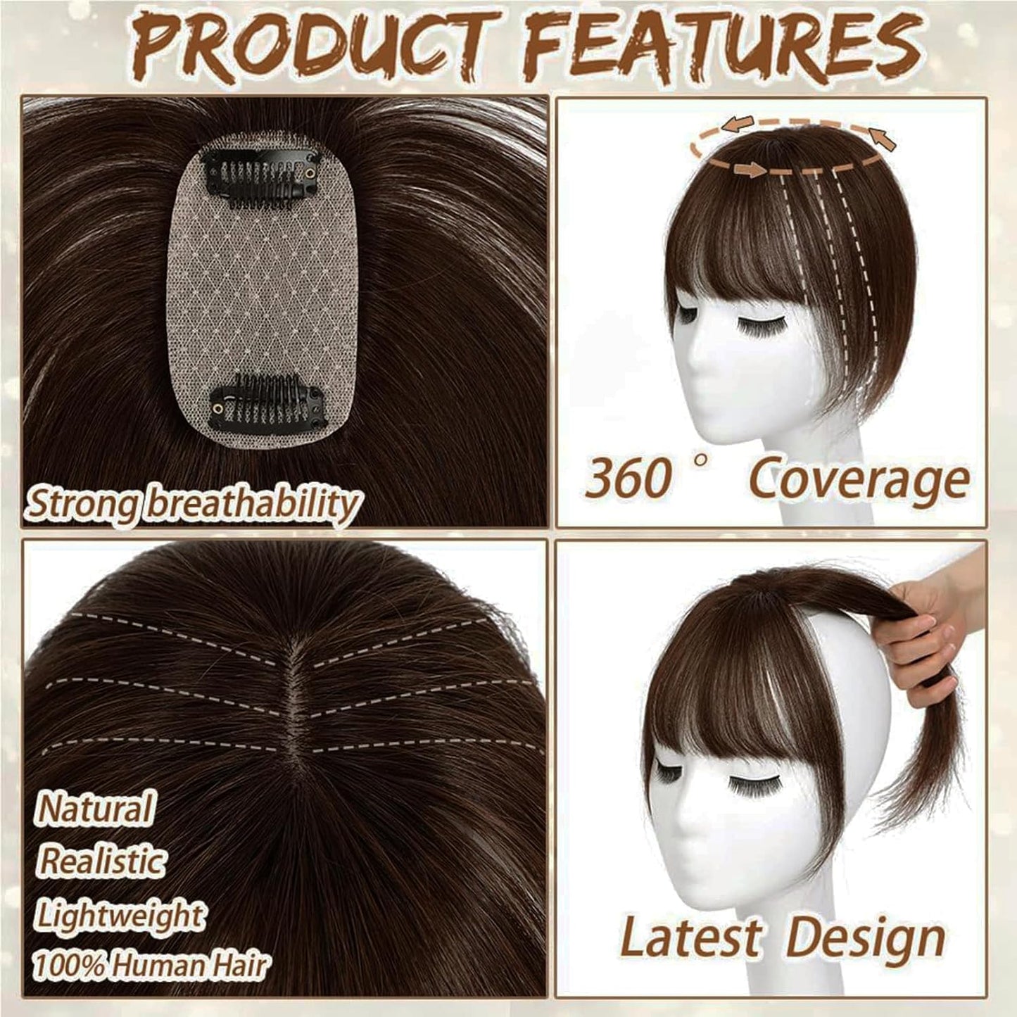Hair Toppers for Women Real Human Hair, Bangs Hair Clip 360° 3D Cover Human Hair Topper with Bangs