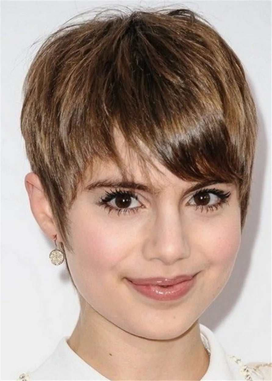 short-hairstyles-for-round-faces-human-hair-natural-straight-with-bangs ...