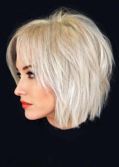 Short Choppy Pixie Cut Hairstyles Women's Blonde Color Straight Human Hair Capless Wigs 10Inch