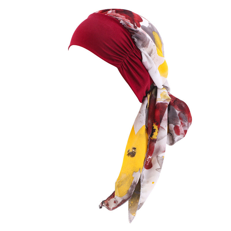 Cross-border Wide-brim Stretch Headband Stitching Chiffon Ribbon Tapes Hat All-match Ethnic Hat JDT-456B