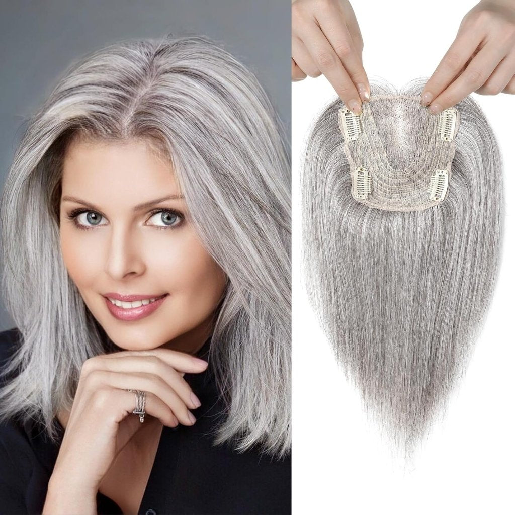 Real Human Hair Topper 10 inch Women Hair Toppers for Thinning Hair Light Grey Wigs