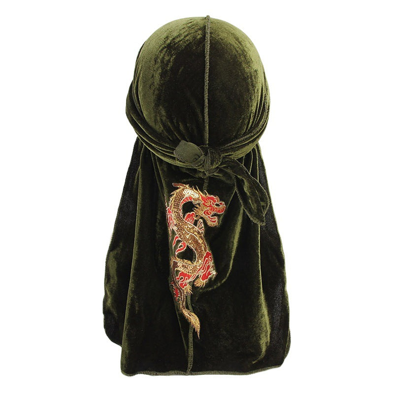 Autumn and Winter thickened gold velvet long tail pirate hat Chinese dragon hot stamping strap hip hop cloak DURAG
