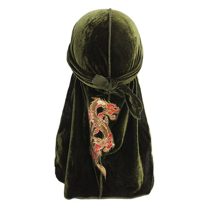 Autumn and Winter thickened gold velvet long tail pirate hat Chinese dragon hot stamping strap hip hop cloak DURAG