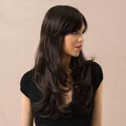 Long Wavy Human Hair Blend Wigs With Bangs 24 Inches