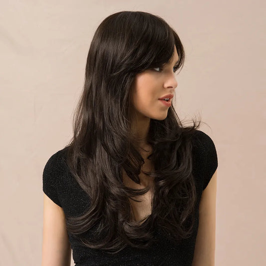 Long Wavy Human Hair Blend Wigs With Bangs 24 Inches