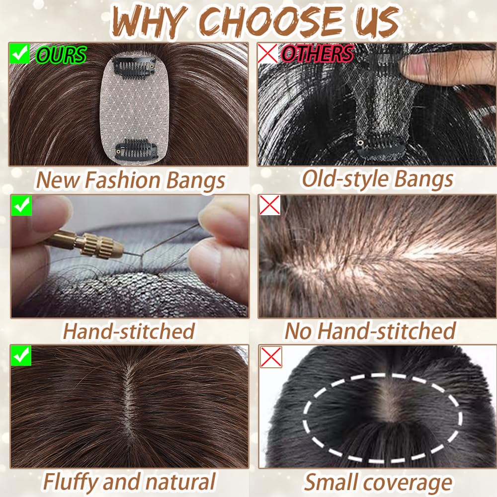 Hair Toppers for Women Real Human Hair, Bangs Hair Clip 360° 3D Cover Human Hair Topper with Bangs