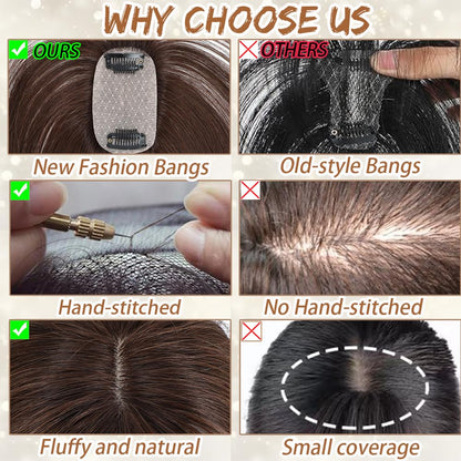 Hair Toppers for Women Real Human Hair, Bangs Hair Clip 360° 3D Cover Human Hair Topper with Bangs