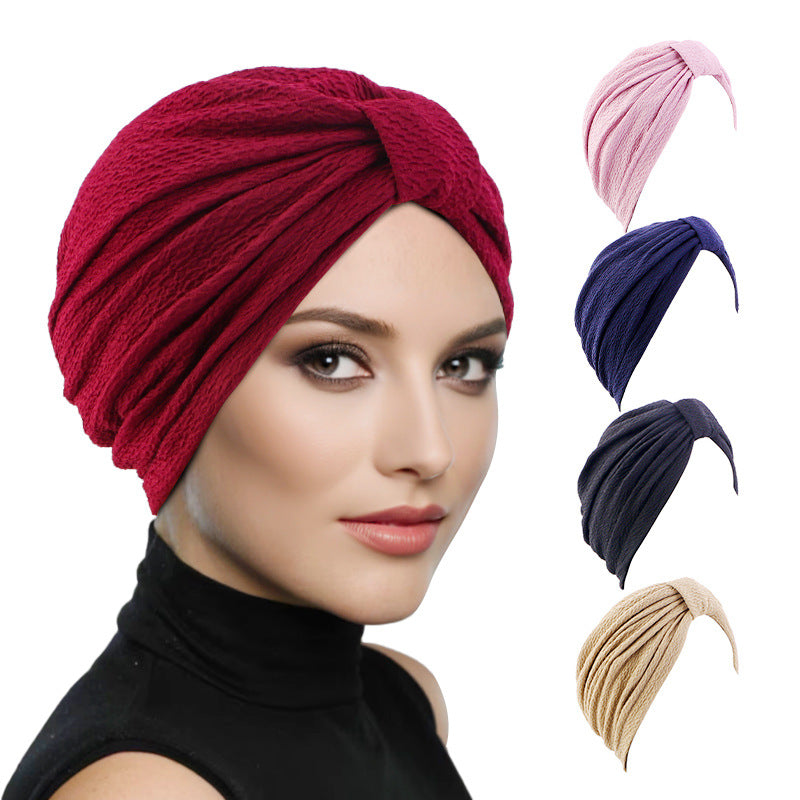 European and American Popular High-Elastic Bubble Fabric Knotted Headscarf Hat, Ethnic Hat, Turban, Chemotherapy Hat, Headscarf Hat