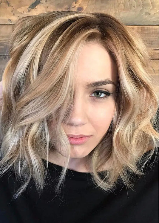 Middle Length Wavy Mixed Color 100% Human Hair Capless Wig 16 Inches