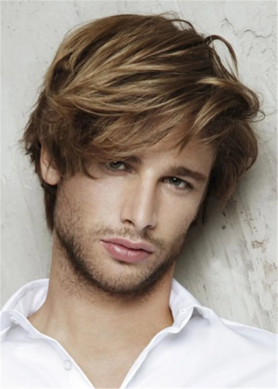 Straight Synthetic Capless Mens Wig With Bangs 10 Inches