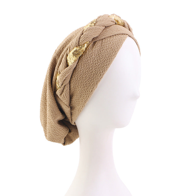 Cross-Border Solid Color Sequin Braided Cross-Turban Hat Small Hat Head Wrap Hair Protection Hat Jdt-429F