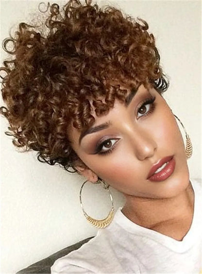 Pixie Light Brown Loose Curly Synthetic Hair Capless African American Wigs 8 Inches