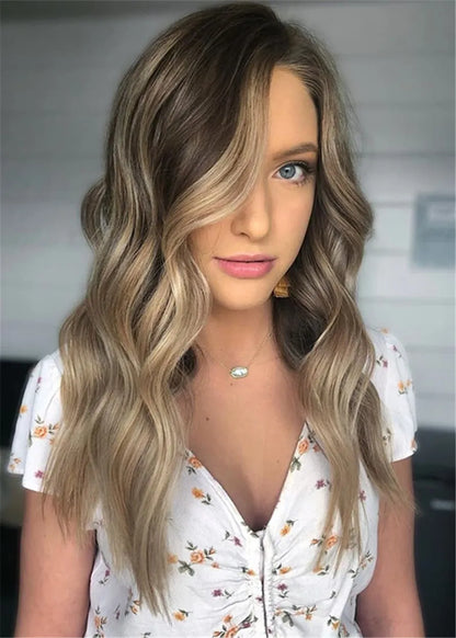 Soft Nautral Blonde Balayage Hairstyle Light Brown Long Wavy Human Hair Wig 28 Inches