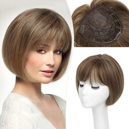 Human Hair Pieces Short Bob Hair Toppers with Bangs Side Part Hair
