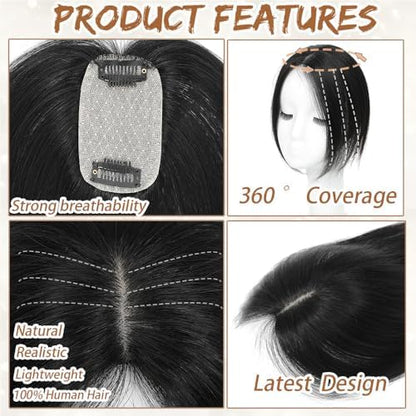 Hair Toppers for Women Real Human Hair, Bangs Hair Clip 360° 3D Cover Human Hair Topper with Bangs