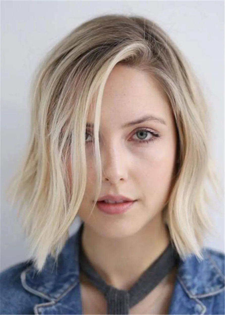 Choppy Bob Side Parted Blonde Human Wavy Hairstyle 12 Inches