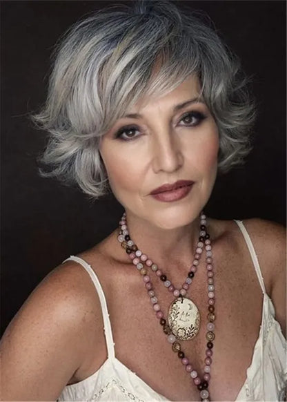 Women's Grey Bob Hairstyles Wavy Human Hair Wigs With Bangs Capless Wigs 8Inch