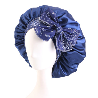 Cross border new cashew flower printed adjustable ribbon nightcap with wide edge straps and knotted headband hat JDB-528