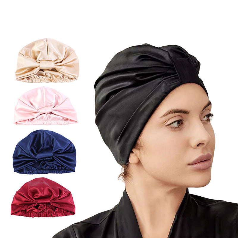 Cross-Border Hat Double-Layer Imitation Silk Nightcap Contrasting Color Knotted Turban Hat Washing and Chemical Clothing Factory Direct Sale