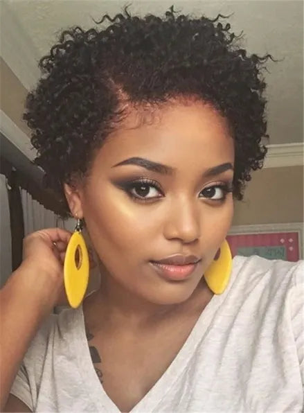 Pixie Kinky Curly Corto Nero Naturale Capelli Sintetici Per Viso Tondo Pizzo Frontale Parrucche Afroamericane 6 Pollici