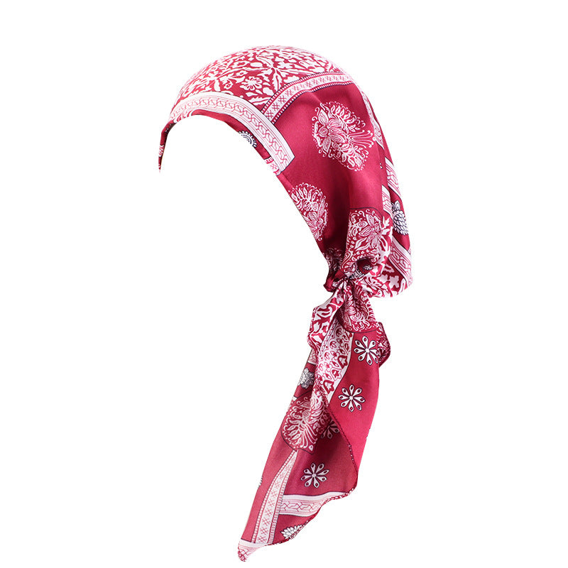 Fashionable Printed Ear-Covering Hat, Satin Turban, Tie-Back Chemotherapy Cap, Hair Protection Cap