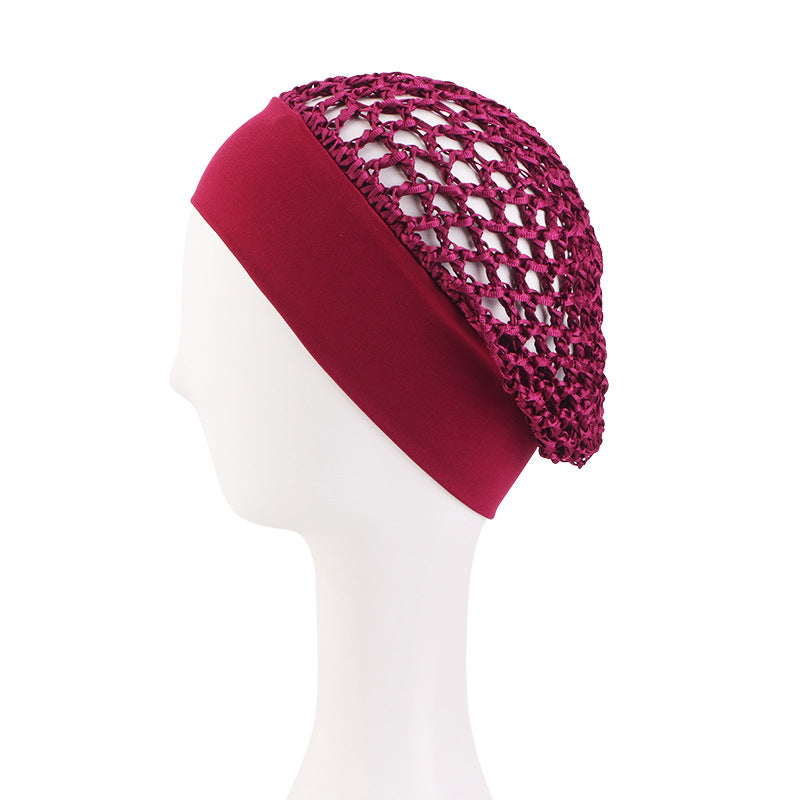 Solid Color Elastic Wide-Brimmed Crochet Hair Protection Net Cap, Sleep Cap, Breathable Headscarf Cap Jdw-65