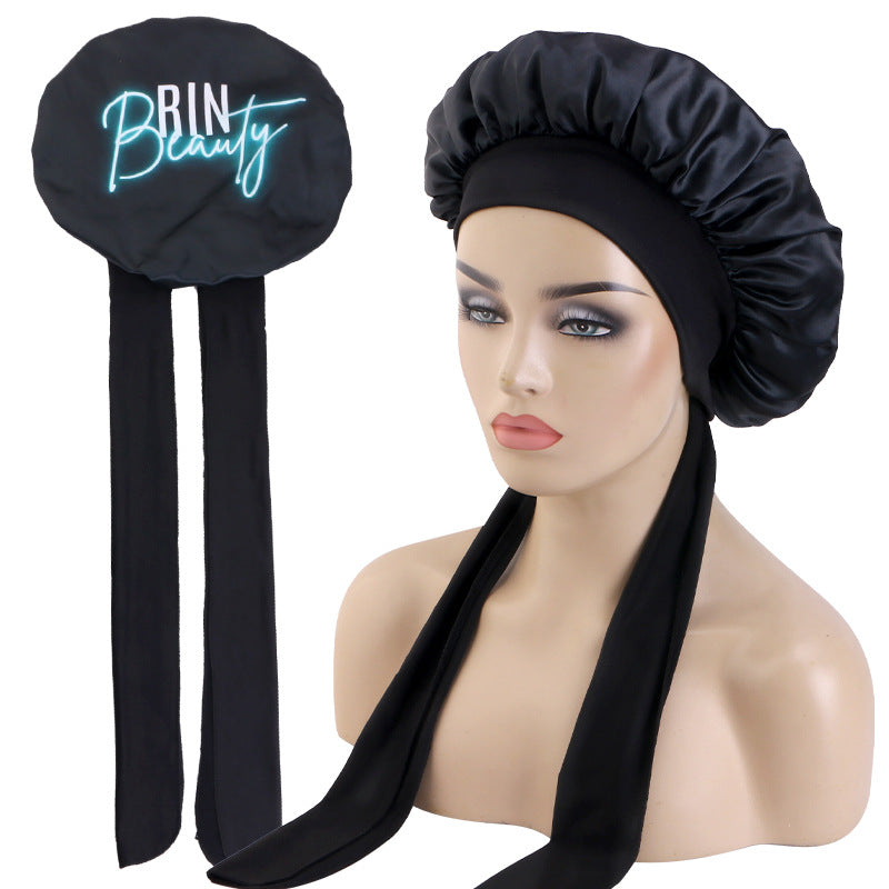Custom Printed Logo Satin Nightcap Elastic Strap Turban Cap Beauty Hair Care Cap