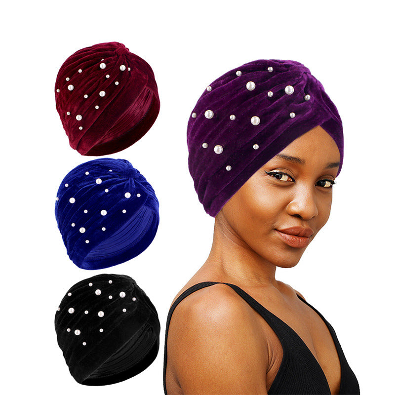 Cross-border supply starry Pearl Diamond flannel headscarf hat pleated Indian hat toe cap TJM-21F