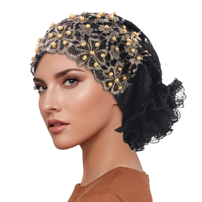 Cross-Border Pearl Diamond Breathable Lace Hat, Floral Ethnic Hat, Hair Care Turban Hat Jdt-501