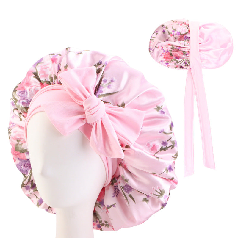 Amazon Source Double-Layer Printed Satin Sleep Cap with Wide Elastic Ribbon, Turban Hat, Tie-On Shower Cap