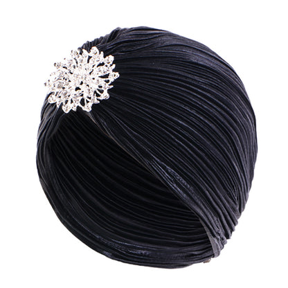Vintage Alloy Diamond Pleated Gold-Stamped Turban Hat Ethnic Headwrap Tjm-79G