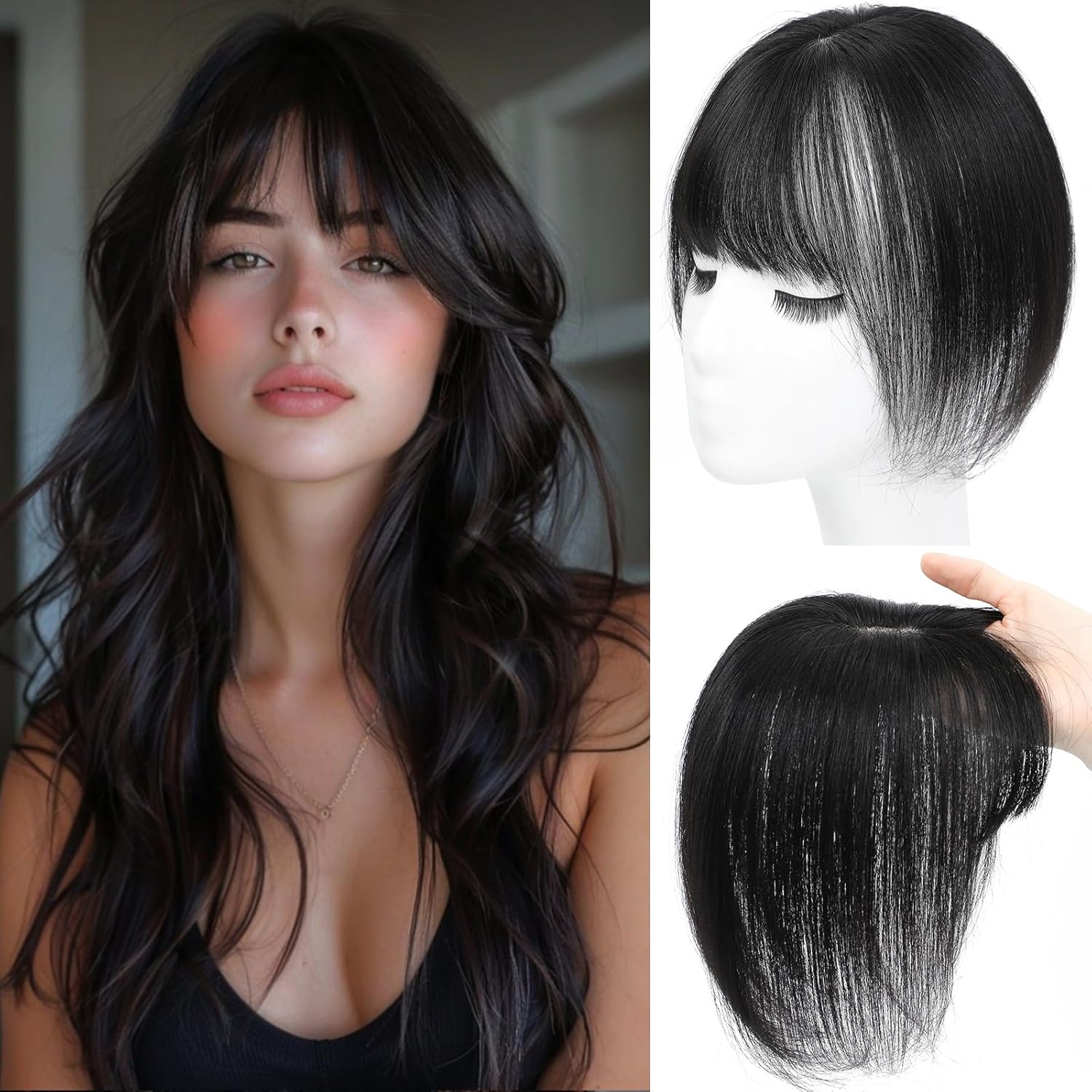 Hair Toppers for Women Real Human Hair, Bangs Hair Clip 360° 3D Cover Human Hair Topper with Bangs