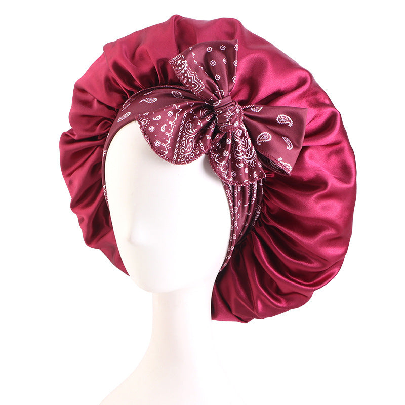 Cross border new cashew flower printed adjustable ribbon nightcap with wide edge straps and knotted headband hat JDB-528