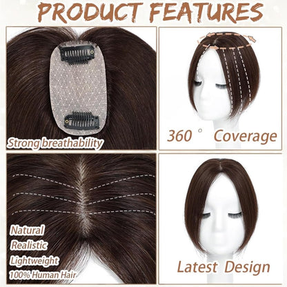 Hair Toppers for Women Real Human Hair, Bangs Hair Clip 360° 3D Cover Human Hair Topper with Bangs