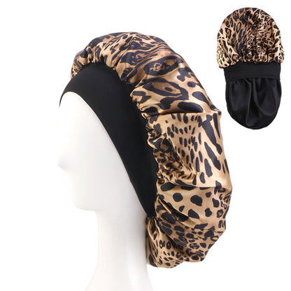 Cross-Border New Double-Layer Satin Printed Elastic Wide-Brimmed Nightcap Satin Round Hat Beauty Salon Hat