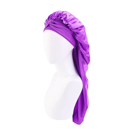 Wide-brimmed elastic ribbon women's headscarf hat perm hair care hat cross-border hot sale satin long nightcap