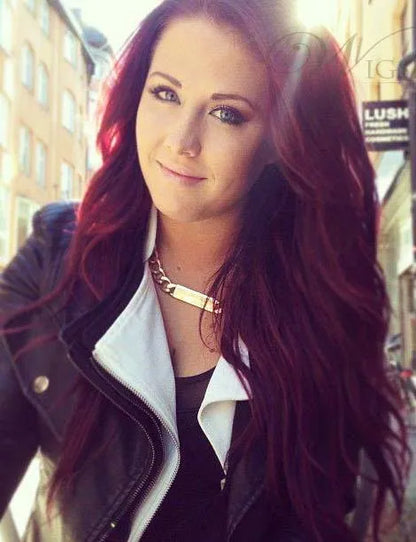 Top Quality Burgundy Long Wavy 22 Inches 100% Human Hair Hand Made Lace Wig