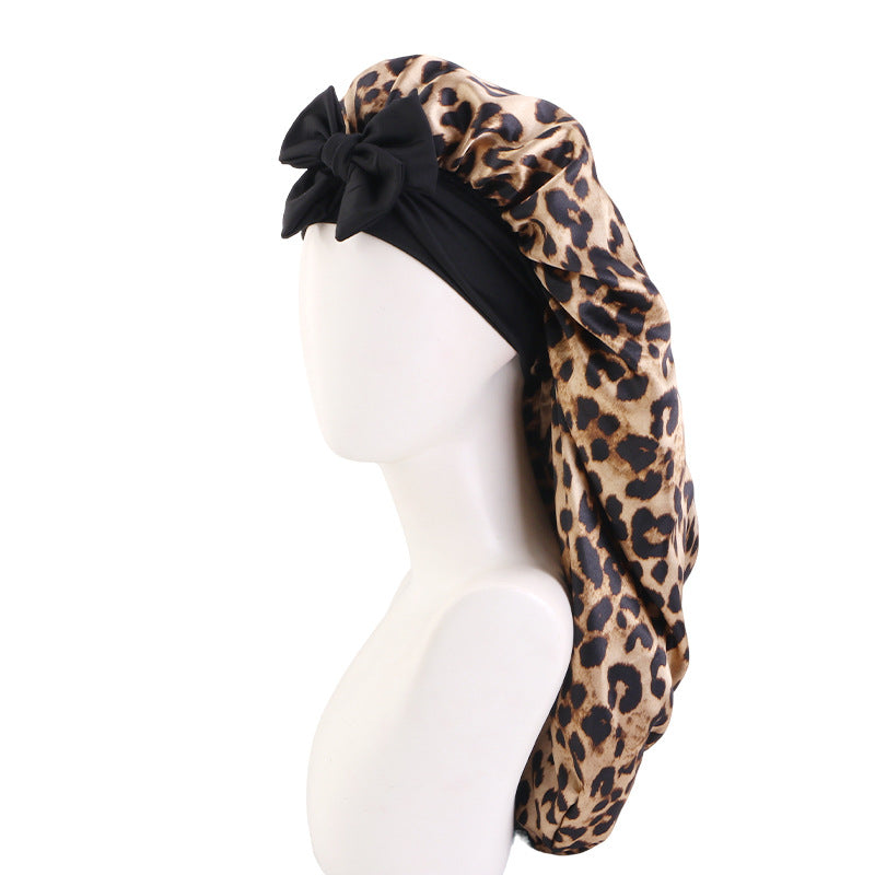 New Leopard Print Sleep Cap with Wide Elastic Band, Long Hair Care Cap with Tie, Headscarf Hat Jdb-446X