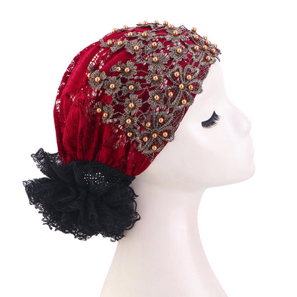 Cross-Border Pearl Diamond Breathable Lace Hat, Floral Ethnic Hat, Hair Care Turban Hat Jdt-501