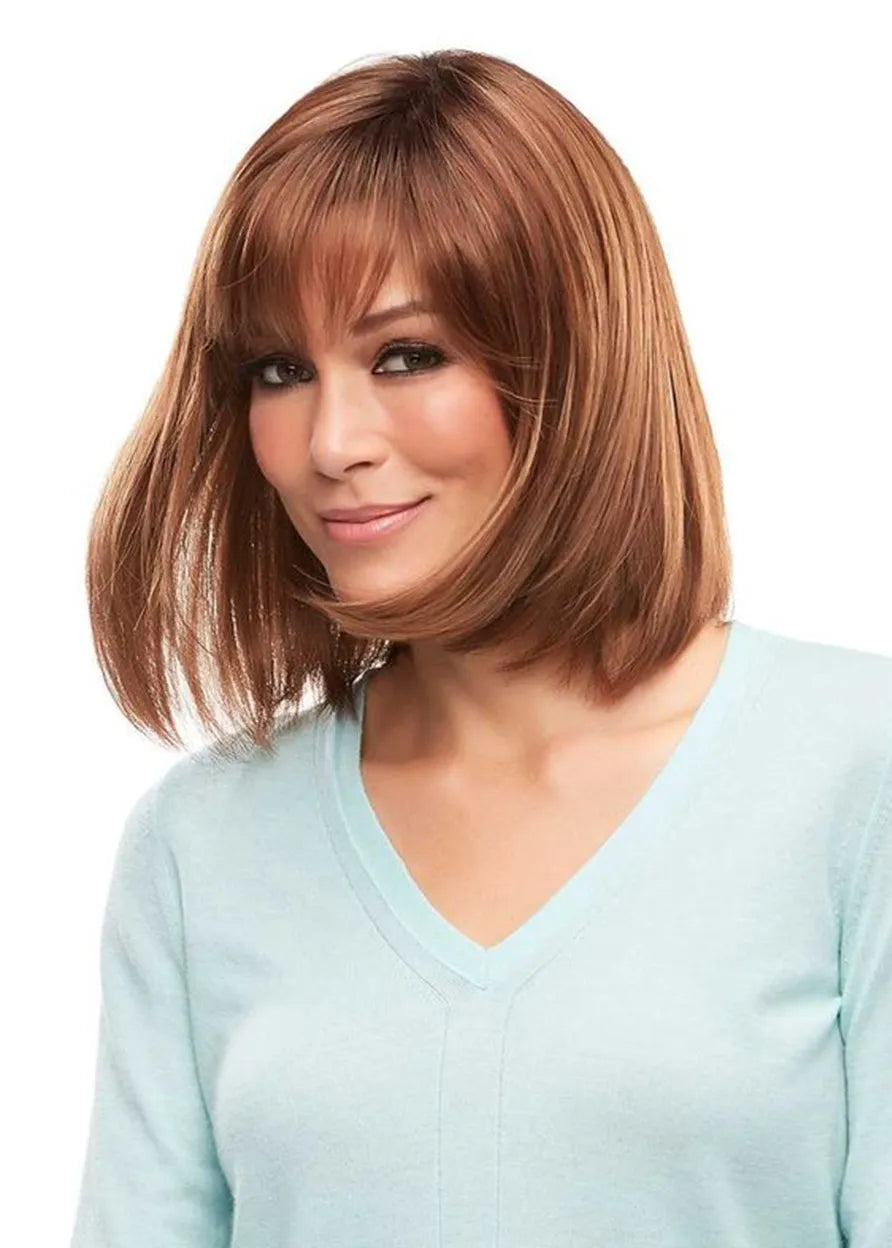 Women's Medium Bob Hairstyles Natural Straight Human Hair Wigs Lace Front Wigs With Bangs 16Inch