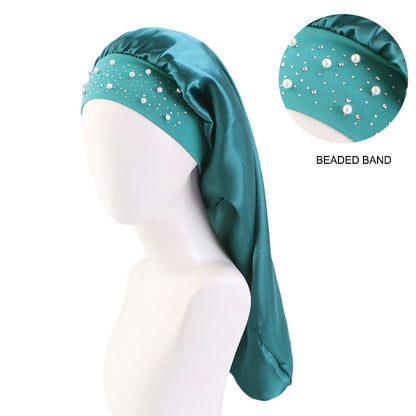 AliExpress hot sale starry Pearl Diamond wide-brimmed satin nightcap long hair care cap long hair shower cap