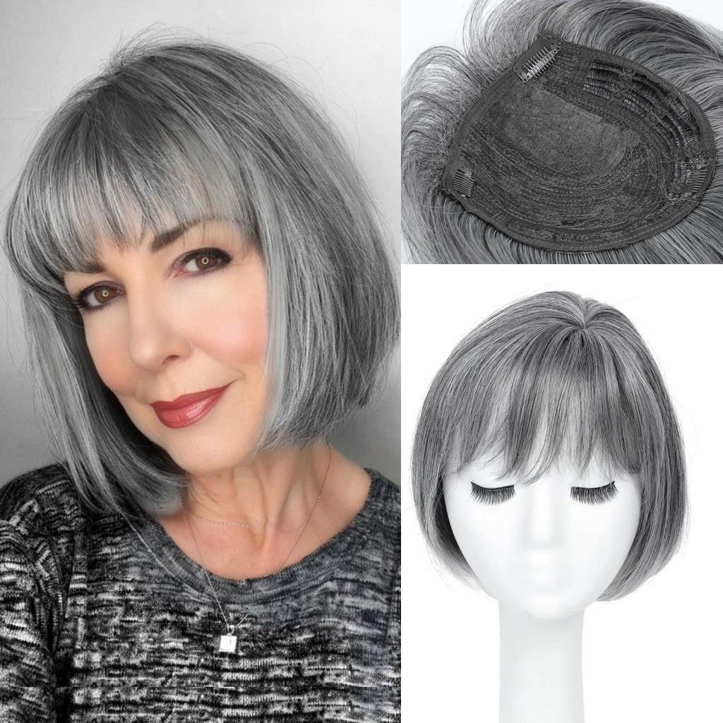 Human Hair Pieces Short Bob Hair Toppers with Bangs Side Part Hair