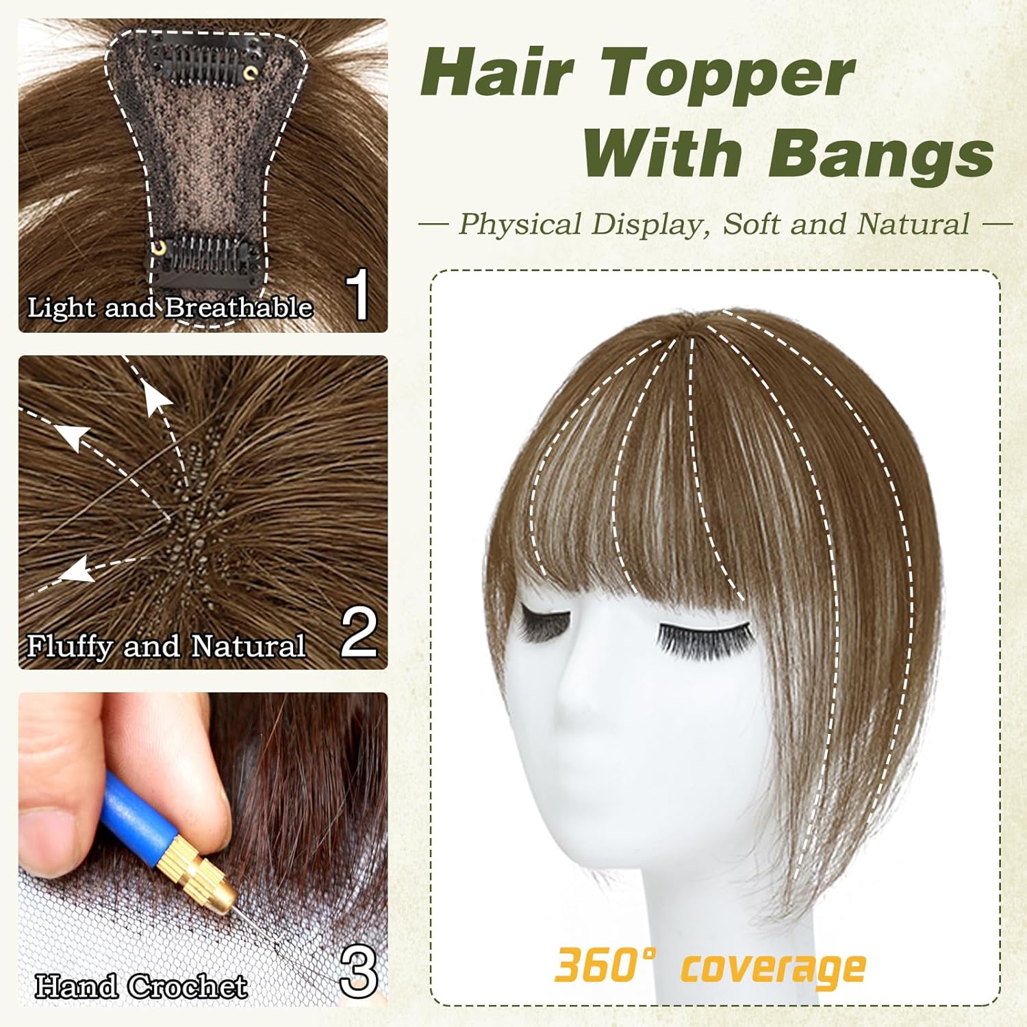Clip in Bangs 100% Human Hair Toppers 360°3D Hair Pieces Clip On Air Bangs Extensions